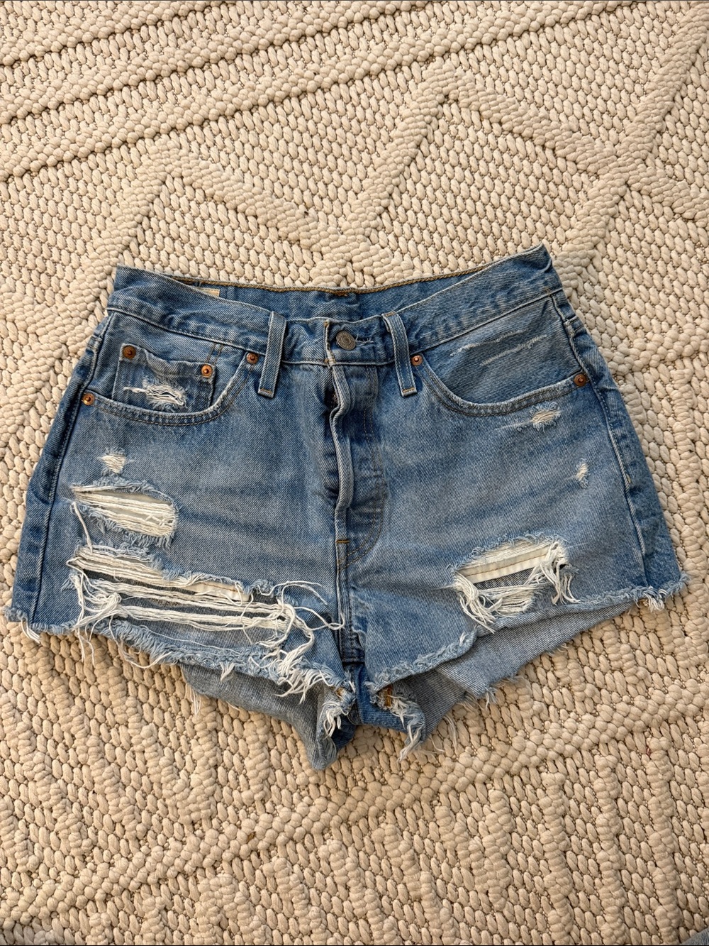 High-Rise Distressed Blue Denim Jean Shorts